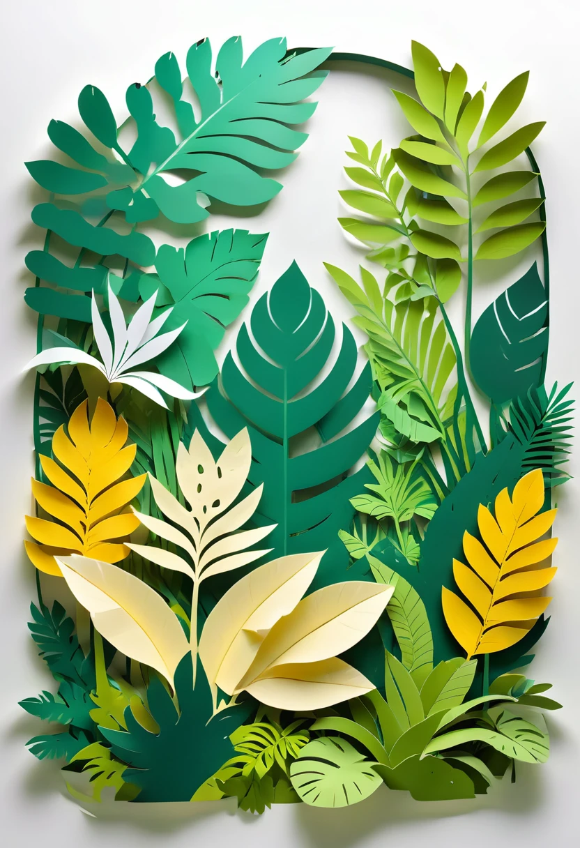 paper cutting art, papercut, west papuan native plant, tropical plants, banana leaf, single plant, single layer, (Flat paper cutout, digital art), Against a pure white background, vector illustration, papercut style, natural colours, high quality image, borders page, greeny
