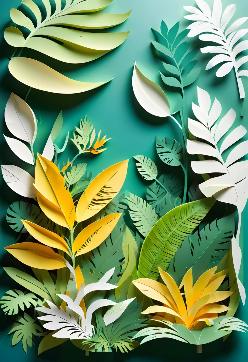 paper cutting art, papercut, west papuan native plant, tropical plants, banana leaf, single plant, single layer, (Flat paper cutout, digital art), Against a pure white background, vector illustration, papercut style, natural colours, high quality image, borders page, greeny