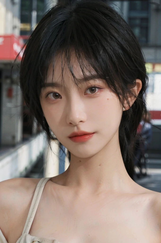 1 girl,Model,Upper Body,short hair,A faint smile,serene, calm,Moles under the eyes,Exquisite eyes, Delicate face,Lipstick,earrings,Hair details, skirt,(Dress conservatively:1.3)(Large Breasts:1.2),outdoor,background,城市background,(Skin details:1.4),(Realistic and detailed eyes:1.2), Natural skin texture, Realistic facial details,Close-up of face,Portrait Photography,(Portrait Photography:1.1), (smooth skin textures:1.3), (Highest quality real skin textures:1.4), Direct vision,Soft dramatic lighting, Vivid details, 35 mm film, (Photo Practical:1.4), (hyper Practical:1.4), (Practical:1.3), (Smoother lighting:1.05), (Improve lighting quality:0.9), (Enhance the beauty of skin texture:1.1), Depth of Field, Bokeh, Surrealism, Ray Tracing, ( Surrealism, High Detail, Chiaroscuro, Ray Tracing, reflected light, Ultra HD, Ultra HD, masterpiece, Textured Skin, Super Detail, High Detail, high quality, best quality