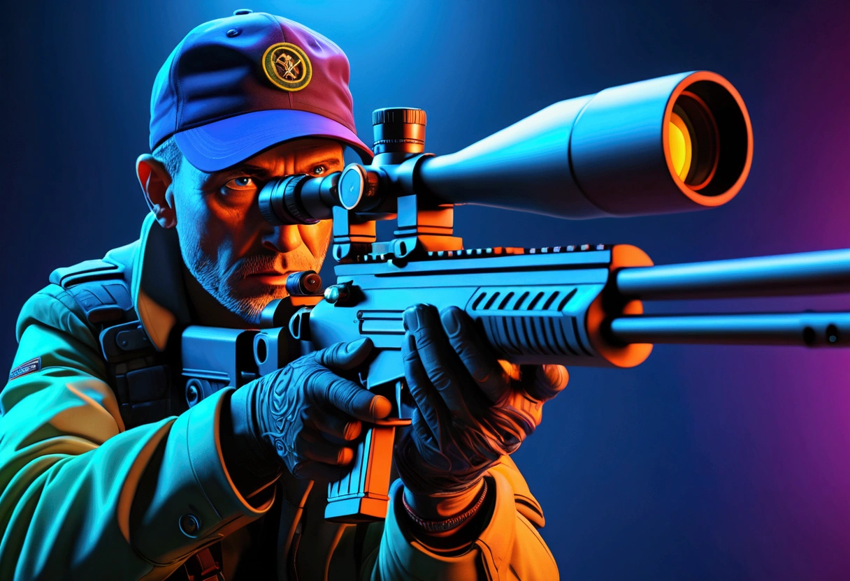 (Sniper), illustration of a aiming Sniper, in the style of laser lighting, focused light beams, vibrant light patterns, colored laser lights, danger, pulp comics, pulp art, hyper-realistic manga style, lurid, magazine cover imagery, dynamic composition, full body, award-winning, cinematic still, emotional, vignette, dynamic, vivid, (masterpiece, best quality, Professional, perfect composition, very aesthetic, absurdres, ultra-detailed, intricate details:1.3)