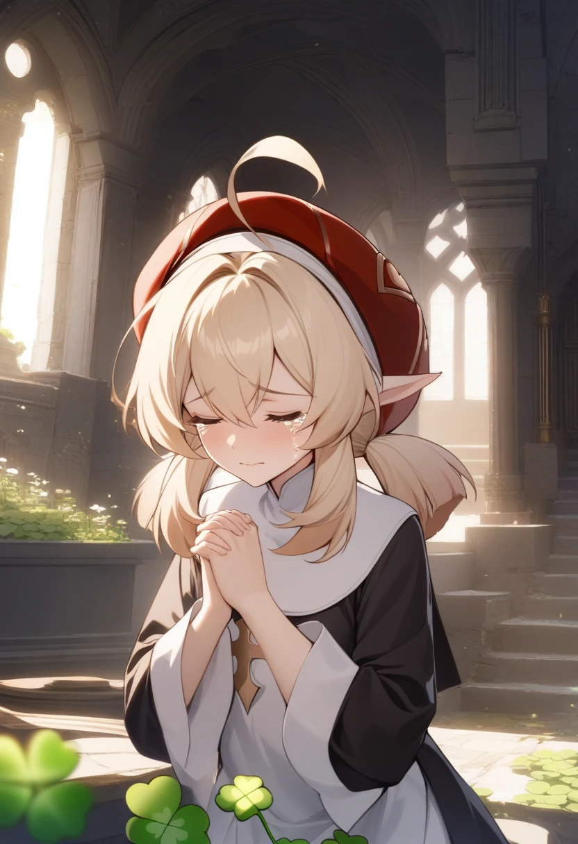 masterpiece, best quality, very aesthetic, absurdres, 1girl, mature_lady,nun_clothes,black_and_white_clothes, nun_headcovering crucifix, praying, interlocked fingers,closed_eyes,tears_in_eyes, head down,holy_light ,,klee_(genshin_impact), genshin_impact, blonde_hair, ahoge, hair_between_eyes, low_twintails, medium_hair, pointy_ears, sidelocks, cabbie_hat, red_hat,four-leaf_clover, clover_print,,in a castle,floating_clothes,