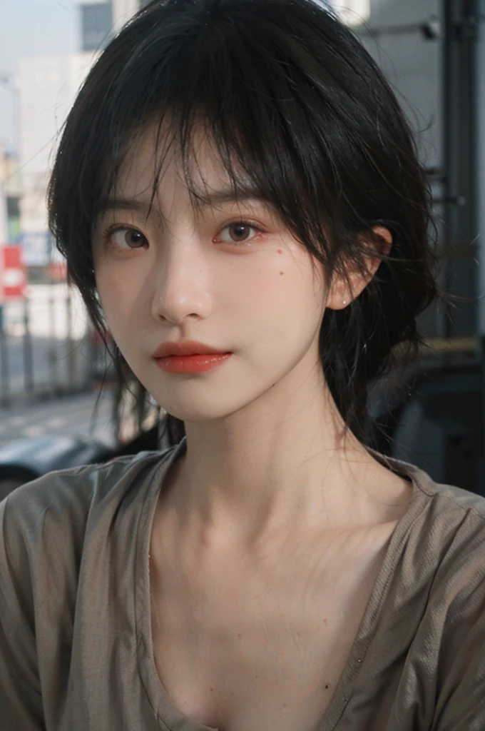 1 girl,Model,Upper Body,short hair,A faint smile,serene, calm,Moles under the eyes,Exquisite eyes, Delicate face,Lipstick,earrings,Hair details, skirt,(Dress conservatively:1.3)(Large Breasts:1.2),outdoor,background,城市background,(Skin details:1.4),(Realistic and detailed eyes:1.2), Natural skin texture, Realistic facial details,Close-up of face,Portrait Photography,(Portrait Photography:1.1), (smooth skin textures:1.3), (Highest quality real skin textures:1.4), Direct vision,Soft dramatic lighting, Vivid details, 35 mm film, (Photo Practical:1.4), (hyper Practical:1.4), (Practical:1.3), (Smoother lighting:1.05), (Improve lighting quality:0.9), (Enhance the beauty of skin texture:1.1), Depth of Field, Bokeh, Surrealism, Ray Tracing, ( Surrealism, High Detail, Chiaroscuro, Ray Tracing, reflected light, Ultra HD, Ultra HD, masterpiece, Textured Skin, Super Detail, High Detail, high quality, best quality