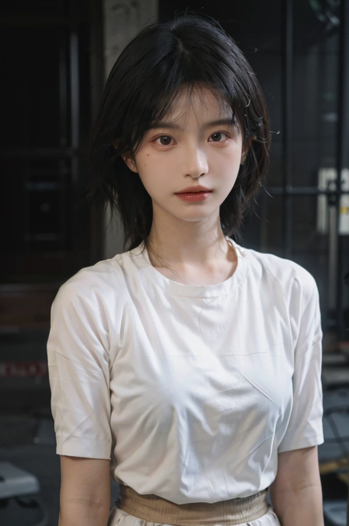 1 girl,Model,Upper Body,short hair,A faint smile,serene, calm,Moles under the eyes,Exquisite eyes, Delicate face,Lipstick,earrings,Hair details, skirt,(Dress conservatively:1.3)(Large Breasts:1.2),outdoor,background,城市background,(Skin details:1.4),(Realistic and detailed eyes:1.2), Natural skin texture, Realistic facial details,Close-up of face,Portrait Photography,(Portrait Photography:1.1), (smooth skin textures:1.3), (Highest quality real skin textures:1.4), Direct vision,Soft dramatic lighting, Vivid details, 35 mm film, (Photo Practical:1.4), (hyper Practical:1.4), (Practical:1.3), (Smoother lighting:1.05), (Improve lighting quality:0.9), (Enhance the beauty of skin texture:1.1), Depth of Field, Bokeh, Surrealism, Ray Tracing, ( Surrealism, High Detail, Chiaroscuro, Ray Tracing, reflected light, Ultra HD, Ultra HD, masterpiece, Textured Skin, Super Detail, High Detail, high quality, best quality