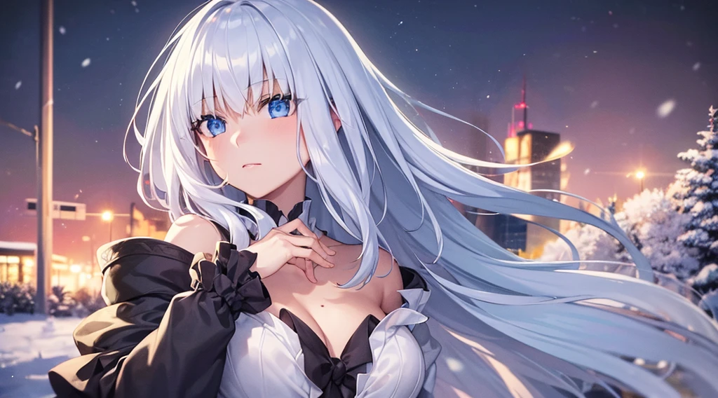 (best quality,4k,8k,highres,masterpiece:1.2),ultra-detailed,(realistic,photorealistic,photo-realistic:1.37),1girl,blue eyes, short hair, white hair, hair clips, hair pins, wearing white hoodies,city,winter snow,night,absurdres,high res, ultrasharp, 8K, masterpiece, looking at viewer, fantasy, magical, snowy rooftops, frosty breath rising, glowing streetlights, ethereal atmosphere, dreamlike, serene, quiet streets, distant city skyline, soft falling snowflakes, intricate details of the girl's face and outfit, delicate snowflakes on her eyelashes, mysterious expression, enchanting beauty, captivating gaze, snow-covered trees, blurred lights in the background, vibrant red contrasted against the white snow, mesmerizing scene, evoking a sense of wonder and magic. BREAK outdoors, city, BREAK looking at viewer, BREAK (masterpiece:1.2), best quality, high resolution, unity 8k wallpaper, (illustration:0.8), (beautiful detailed eyes:1.6), extremely detailed face, perfect lighting, extremely detailed CG, (perfect hands, perfect anatomy),
