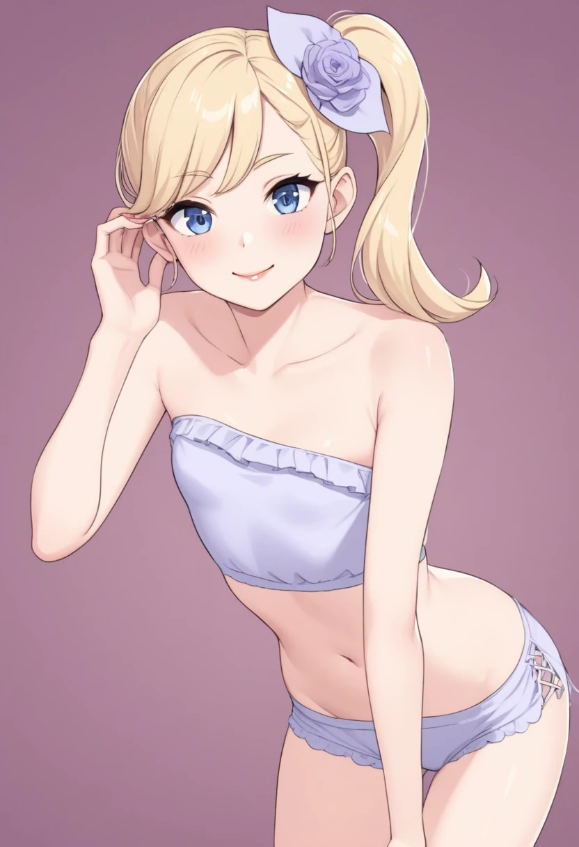 Woman, light blonde hair, pale blue eyes, rosy cheeks, lipgloss, solo, smiling, sassy, bright smile, pink strapless crop top, high side ponytail, light blonde eyebrows, delicate, flat, feminine, pastel pink, posing, flirty, childish, sexy, cute, no breast, lips, flirty, tucking hair behind her ear, flat chest, slim, very slim 