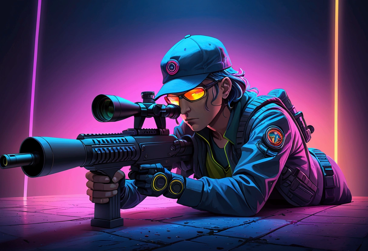 (Sniper), illustration of a aiming Sniper, in the style of laser lighting, focused light beams, vibrant light patterns, colored laser lights, danger, pulp comics, pulp art, hyper-realistic manga style, lurid, magazine cover imagery, dynamic composition, full body, award-winning, cinematic still, emotional, vignette, dynamic, vivid, (masterpiece, best quality, Professional, perfect composition, very aesthetic, absurdres, ultra-detailed, intricate details:1.3)
