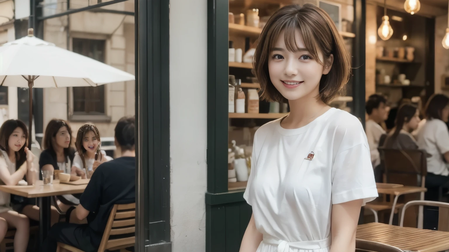 super high quality, short hair, thin, Gravure photo session, The staff is working at the counter in the back.., (8k、RAW Photos、Highest quality、masterpiece:1.2), Japanese Idols, Stylish cafe, People having fun at the cafe々Bustling with., (Realistic、Realistic:1.37), Bob Hair, Mesh Hair, Urban Cafe, Golden Ratio, RAW Photos, Cute Face , Light brown hair, Small breasts, Bright cafe interior, Spring Clothes, Cafe Terrace, Open Cafe, A kind smile, Hair blowing in the wind, Dress neatly, boyish, T-Shirts, 18-year-old, younger sister, Fashionable clothes,