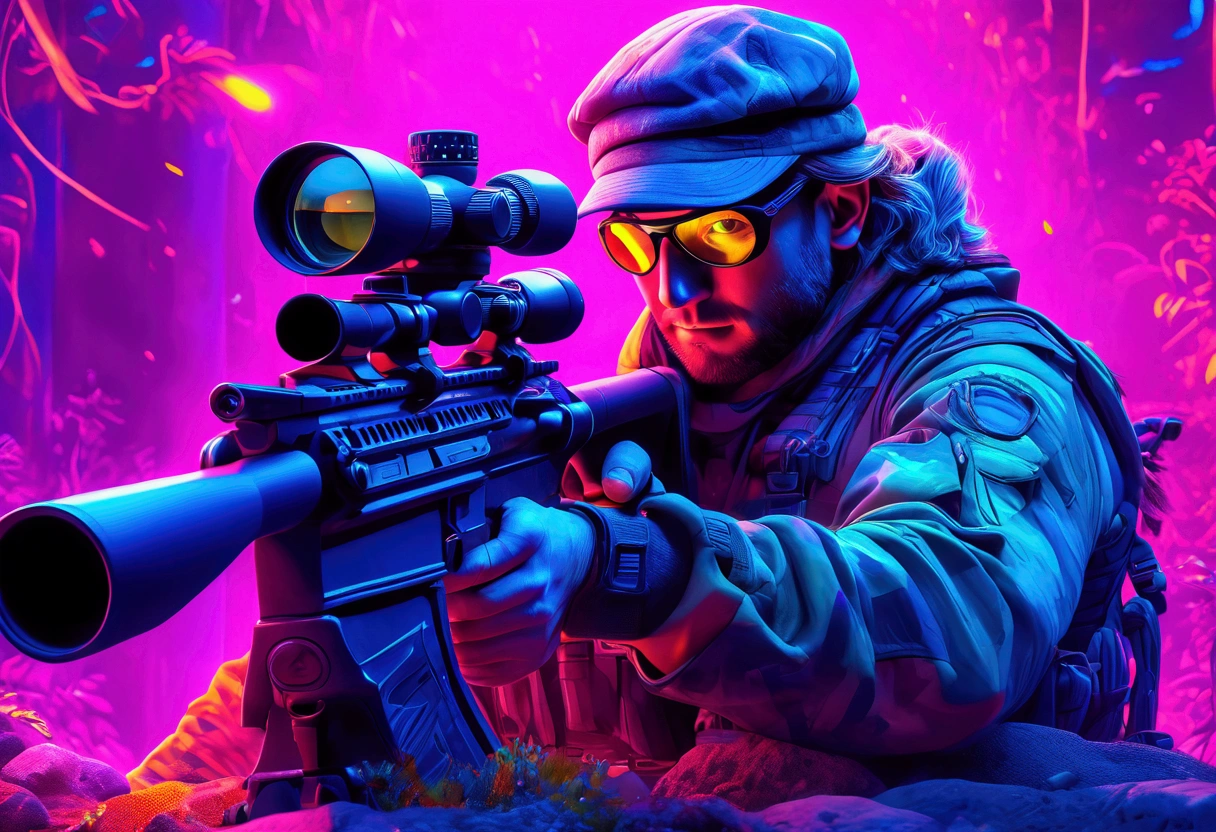 (Sniper), illustration of a aiming Sniper, in the style of laser lighting, focused light beams, vibrant light patterns, colored laser lights, danger, pulp comics, pulp art, hyper-realistic manga style, lurid, magazine cover imagery, dynamic composition, full body, award-winning, cinematic still, emotional, vignette, dynamic, vivid, (masterpiece, best quality, Professional, perfect composition, very aesthetic, absurdres, ultra-detailed, intricate details:1.3)