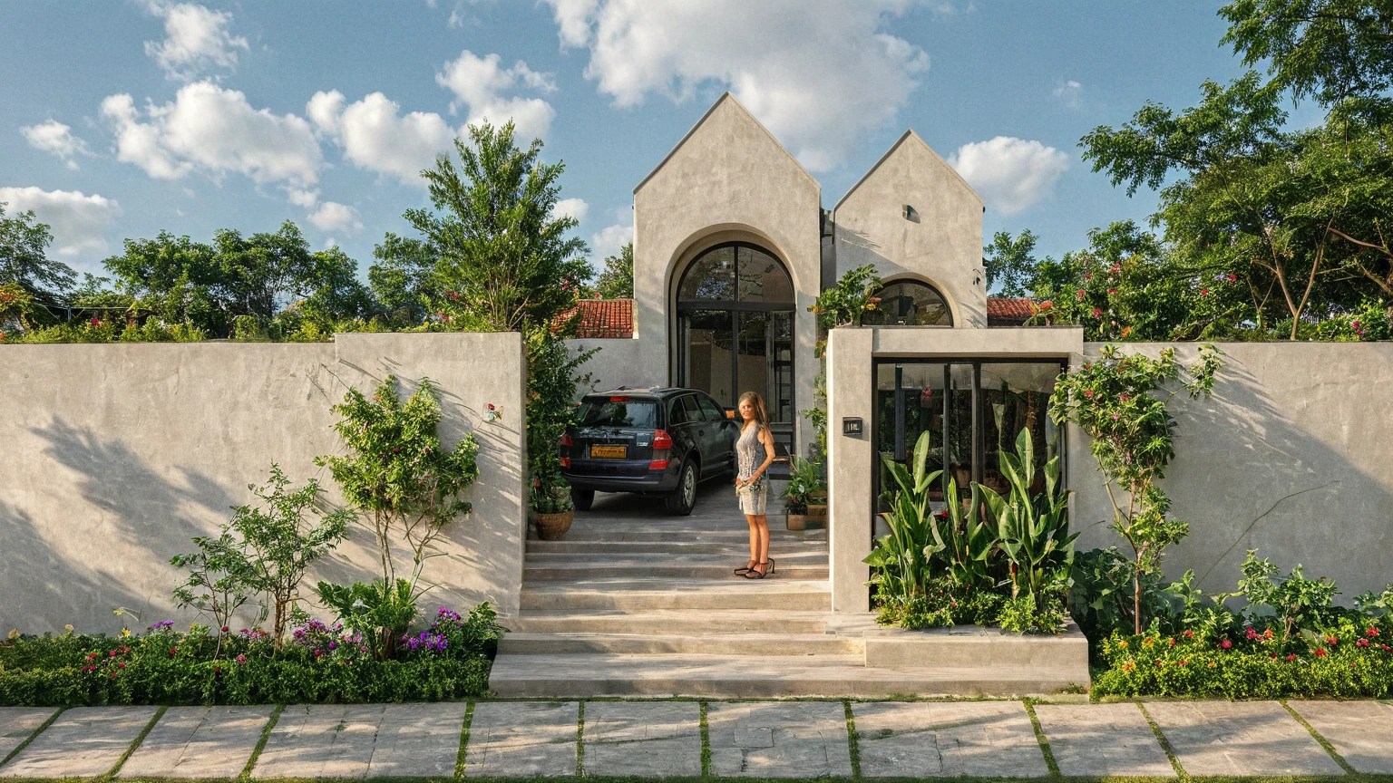 Raw photo,Masterpiece, high quality, best quality, authentic, super detail, exterior, outdoors,A small, one-story house with a white exterior with two prominent archways at the entrance. The house has a red, gabled roof and dark-framed windows. There are several plants near the entrance, including a climbing plant with purple flowers. The steps leading up to the entrance are black, with potted plants on both sides.,pavement, grass, trees, blue sky, (daylight:1.1), ((realistic photo)),(rain:1.3)