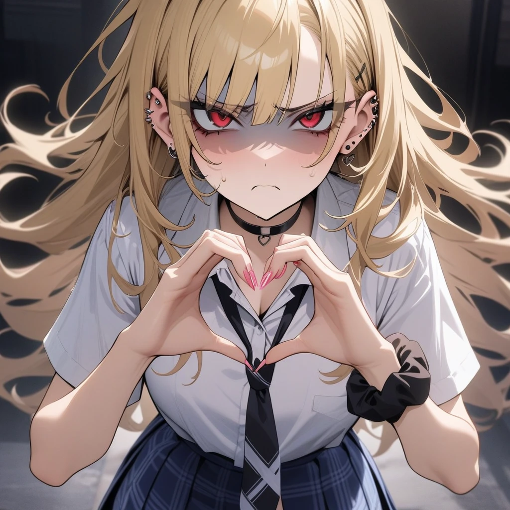 masterpiece, best quality, very aesthetic, absurdres, newest,1girl,upper body, (contempt, disgust,shaded face,looking at viewer,frown),heart-shaped gesture,
Marin Kitagawa, long hair, blonde hair, red eyes, piercing, earrings, ear piercing, stud earrings, black choker, loose necktie,  , white collared shirt, blue skirt, pleated skirt, plaid skirt, wrist scrunchie, long fingernails, pink nails, nail art,