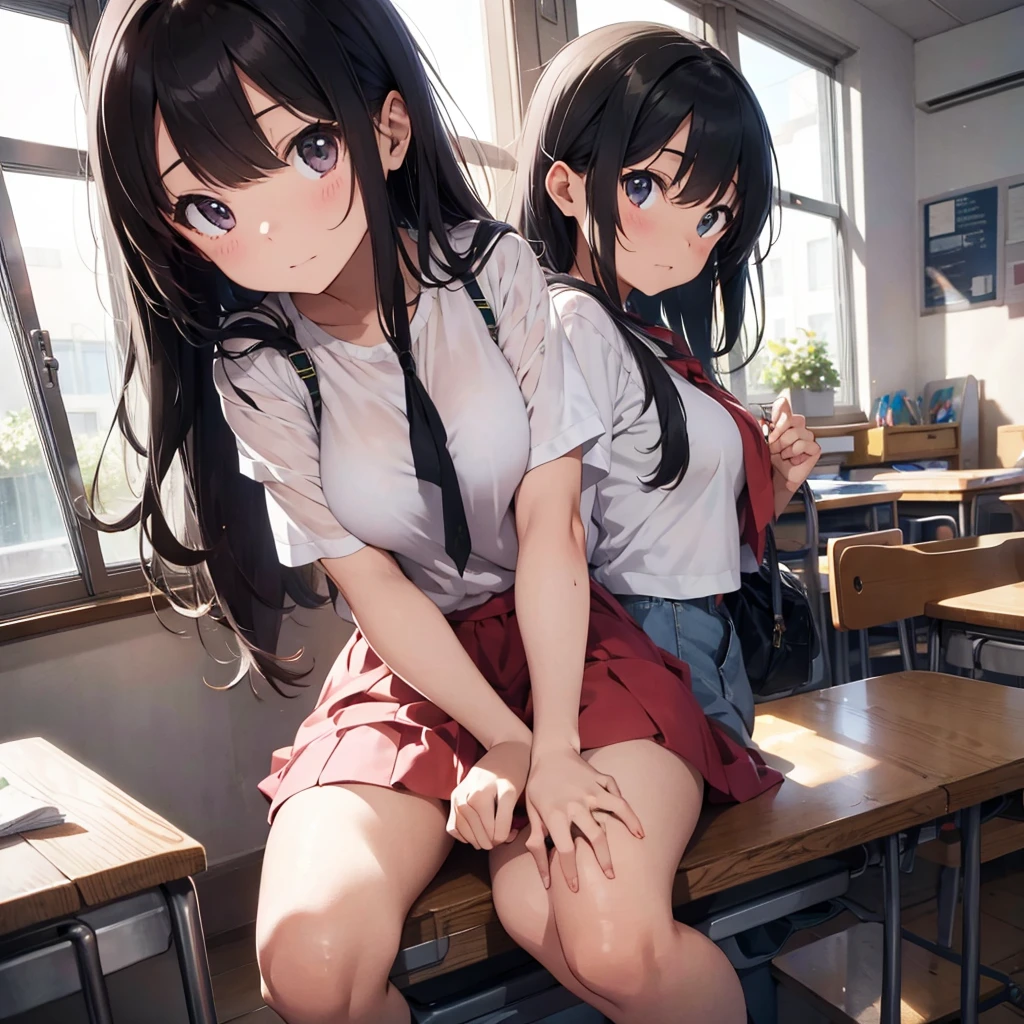 (((masterpiece, Highest quality, High resolution, 超High resolution, Pixel perfect, Written boundary depth, 4K, RTTX10.0, High resolution))), Beautiful Anime Women, Beautiful art style, Anime characters, ((Long Hair, bangs, Dark brown hair, ponytail)), ((Smooth texture, Realistic texture, Anime CG Style)), Perfect body, (Slender body:1.2), Exact finger count、Exact number of legs、(Exact number of arms:1.0, Exact number of hands:1.0), (Three women standing side by side, Lean your torso against the table to expose your buttocks., Angle from above the back:1.3), (Fashionable white shirt, Sailor collar, Knee-high socks, loafers, Pleated mini skirt:1.3), Realistic, Highest quality, High resolution, Perfect lighting, Highly detailed CG, (Perfect hands, Perfect Anatomy), (School classroom:1.3), Daytime lighting, whole body, ((Stylish shiny satin panties, side-tie white panties, Black lace trim :1.3)), (Beautiful and thin thighs、Beautiful little ass:1.3),cum in pussy