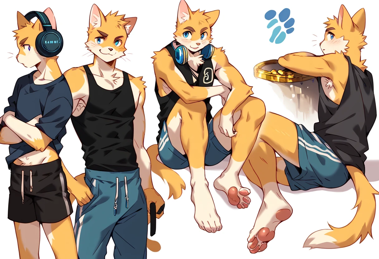 score_9, score_8_up, score_7_up, male, furry, high quality, hires, anthro, teenager, , domestic cat, bright yellow fur, blue eyes, wide brown eyebrows, confidant expression, humanoid feet, slim body, prominent v-line, prominent abs, prominent legs, prominent forearm, prominent knees, white background, treasure trail, armpit hair, furry legs, in 3 various sexy poses, headphones, casual clothes, joggers, black tank top, shorts, pull-ups, working out