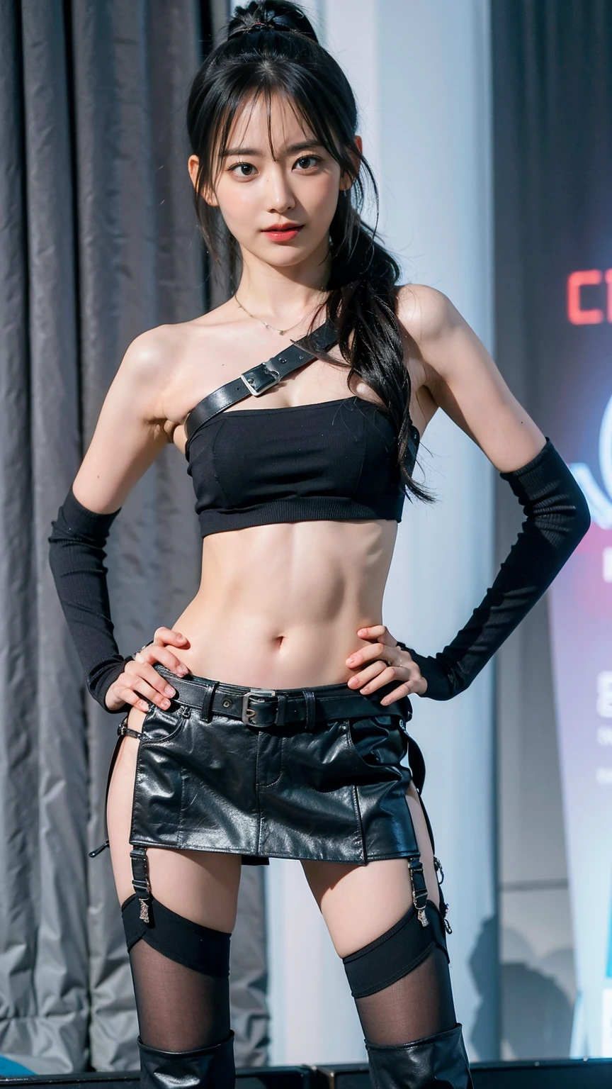 (8k、RAW Photos、Highest quality、masterpiece:1.2)、(Highest quality、Realistic)、1 Girl、((leather、ponytail、Blonde、Hair clip、Ninja costume、ガーターbelt、Tube top、Arm Coverini skirt、black、tights、Belly button、Gloves、belt、ribbon、See-through、Thin legs、whole body、boots、City of night、View from the front、Looking into the camera、Stand with hands on hips))、cute