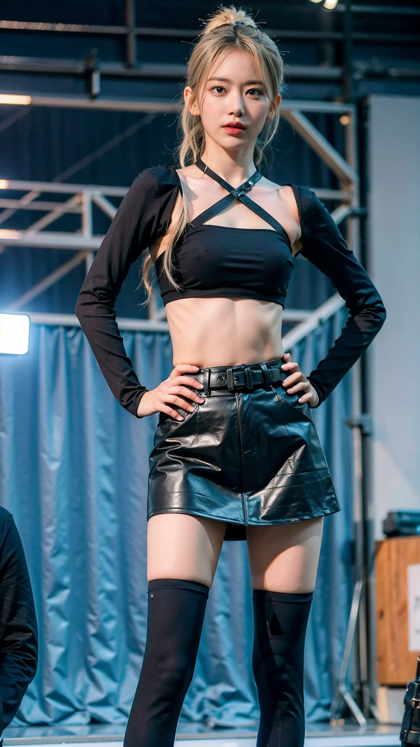 (8k、RAW Photos、Highest quality、masterpiece:1.2)、(Highest quality、Realistic)、1 Girl、((leather、ponytail、Blonde、Hair clip、Ninja costume、ガーターbelt、Tube top、Arm Coverini skirt、black、tights、Belly button、Gloves、belt、ribbon、See-through、Thin legs、whole body、boots、City of night、View from the front、Looking into the camera、Stand with hands on hips))、cute