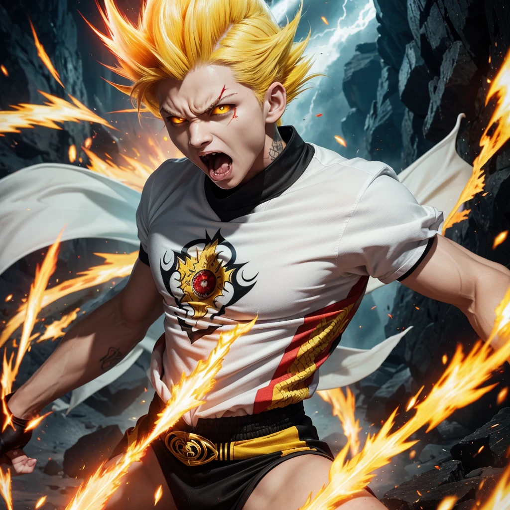 Ultra Supersayajin, diamond yellow colored hair and red eyes with black pencil painted around it, white clothing with dragon tatoon print, good open screaming, fighting with much fury against enemy, scenery in heaven and earth