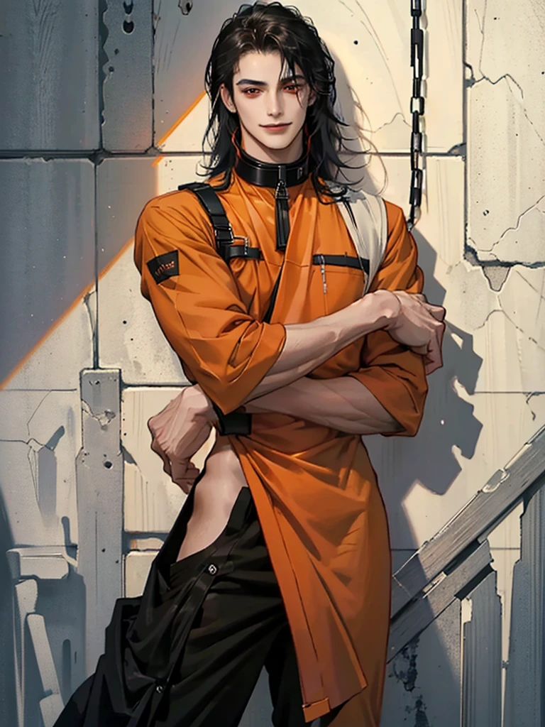 a man, Black long hair, dark red eyes, Slender and tall, prisoner, Perfect male body, Looking at the camera, (Orange prison uniform, Hold your arms tight, Smile, cell), portrait, Dramatic shadows, Prisoner, Chained