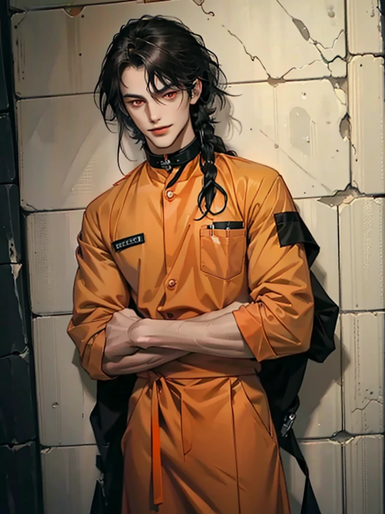 a man, Black long hair, dark red eyes, Slender and tall, prisoner, Perfect male body, Looking at the camera, (Orange prison uniform, Hold your arms tight, Smile, cell), portrait, Dramatic shadows, Prisoner, Chained