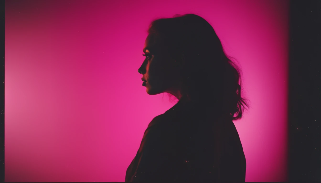 photography, portrait of contrast, profile silhouette of a young lady, vibrant hot pink backdrop, visualize using a camera setup that mimics a large aperture, focusing solely on the silhouette's edge, while a low ISO maintains the richness of color without grain, photorealistic, Polaroid UHD --ar 9:16 --chaos 1.7 --style raw