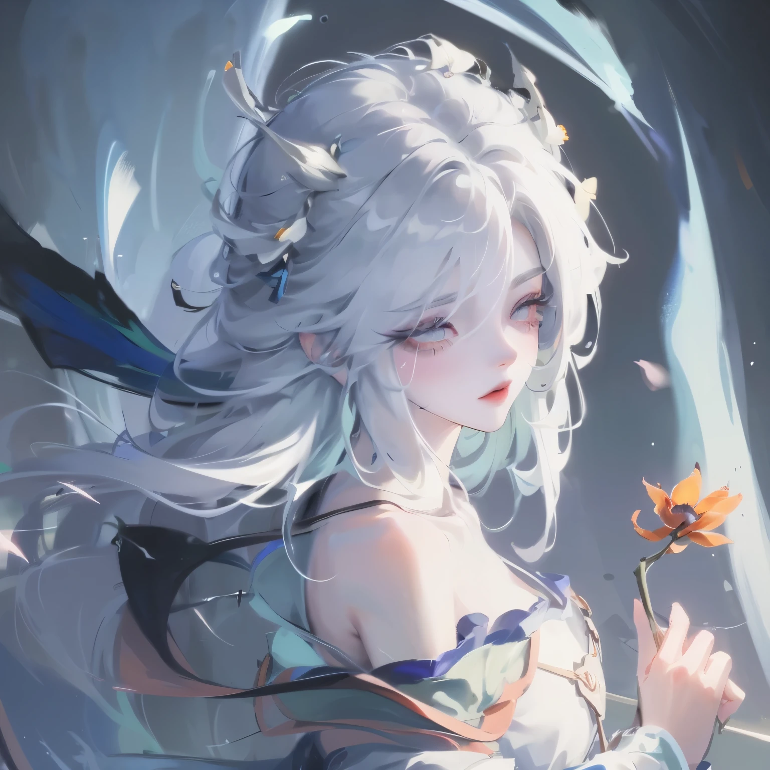 1 Girl,Solitary,1 Girl,Solitary,((Beautiful and delicate eyes)), (Detailed lighting),Depth of Field,(White hair),Silver Eyes,Hair covering one eye,(safflower ), Flowering,Long hair,Black cape,wet,callous,look back,night,Starfall,rain,FOG,safflowers falling,sketch,Upper Body,Strong shadows,