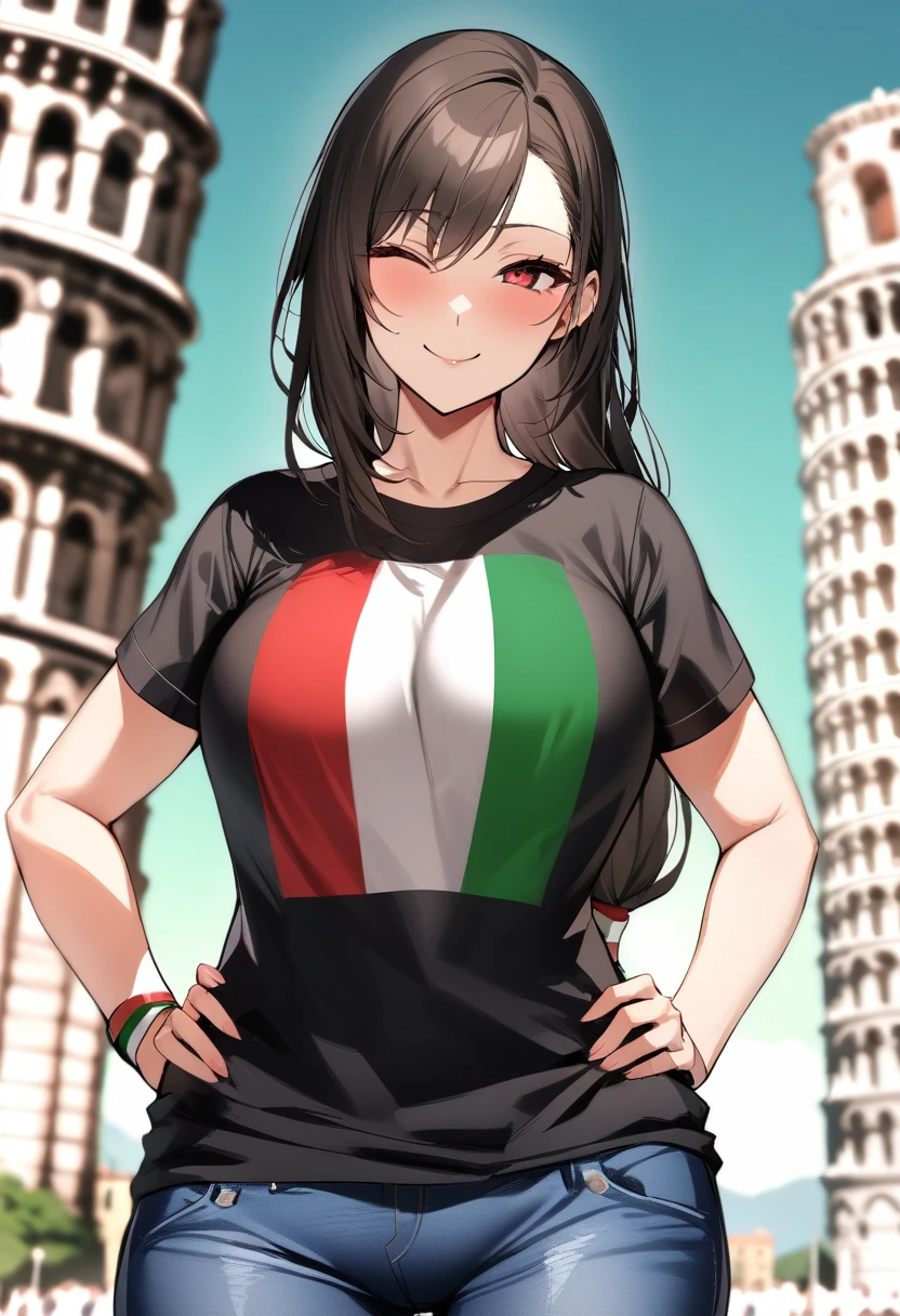 masterpiece, Highest quality, One girl, green_GK Deftifa, Red eyes, Long hair tied low, Black shirt with the Italian flag, (Italian Flag T-Shirt:1.5), jeans, smile, View your viewers, Tower of Pisa, green sky, Wink, Close one eye, Hands on hips, Cowboy Shot