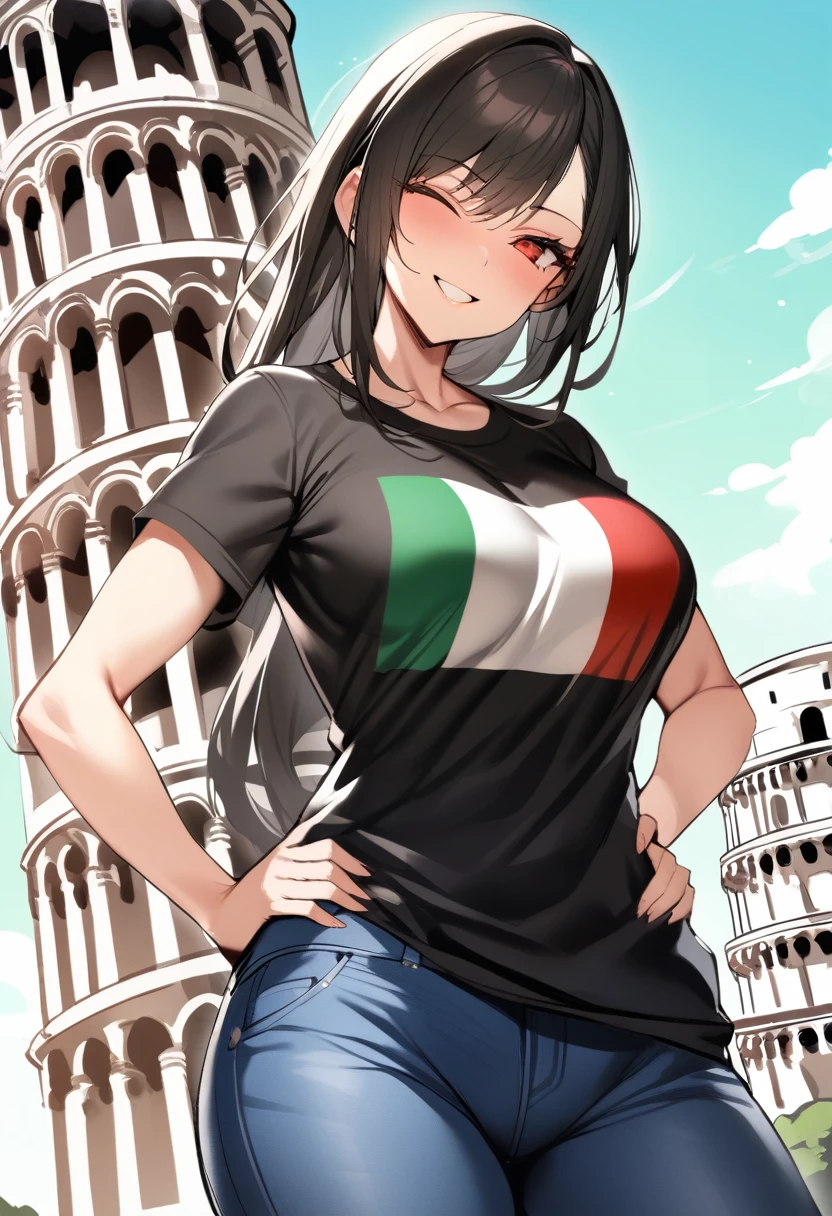 masterpiece, Highest quality, One girl, green_GK Deftifa, Red eyes, Long hair tied low, Black shirt with the Italian flag, (Italian Flag T-Shirt:1.5),  jeans, smile, View your viewers, Tower of Pisa, green sky, Wink, Close one eye, Hands on hips, Cowboy Shot