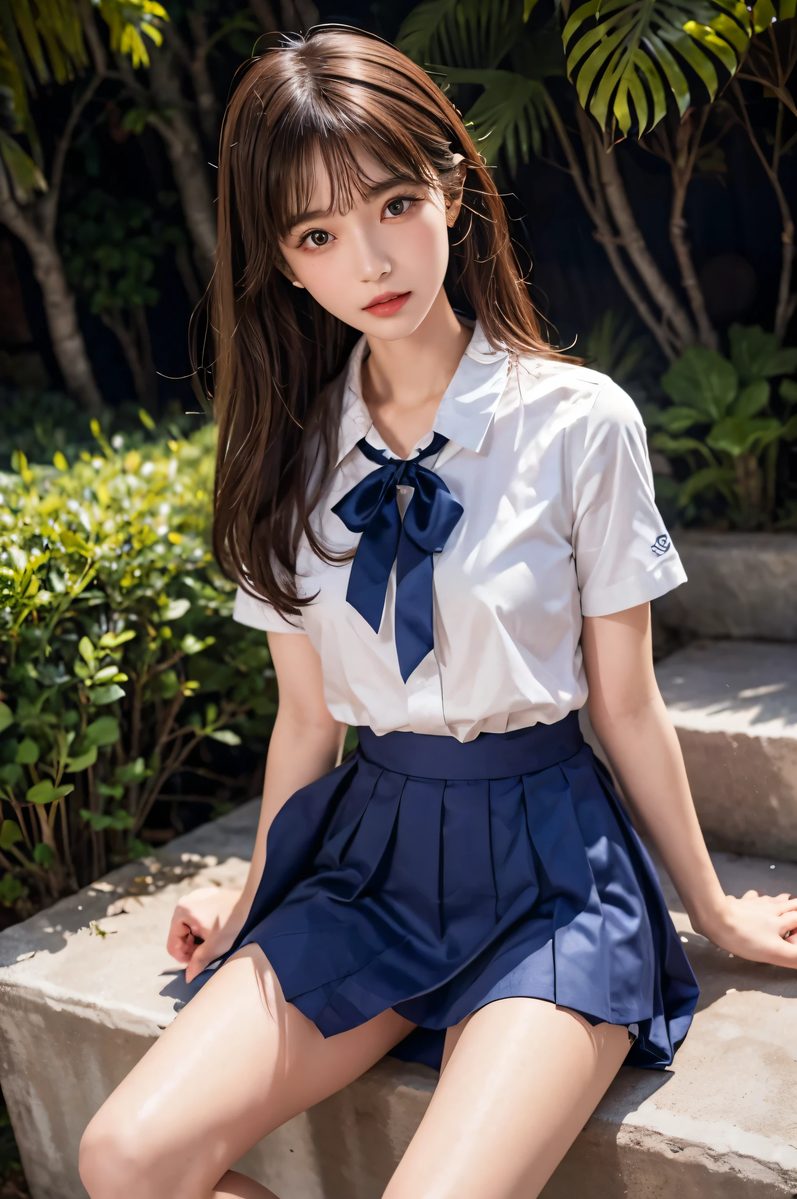 (ultra HD), (White short sleeve shirt, Sailor suit, Navy blue mini skirt, Tight fit), Big Breasts, slender, whole body, (Clean and shiny skin, Whitening, No makeup), (Super slender face, Super beautiful face, Delicate face), (long hair, Layered Cut, Fluffy hair,light brown), (Patchy double eyelids, Slanted Eyes), Small Nose, Thin lips, Thin legs, Schoolyard