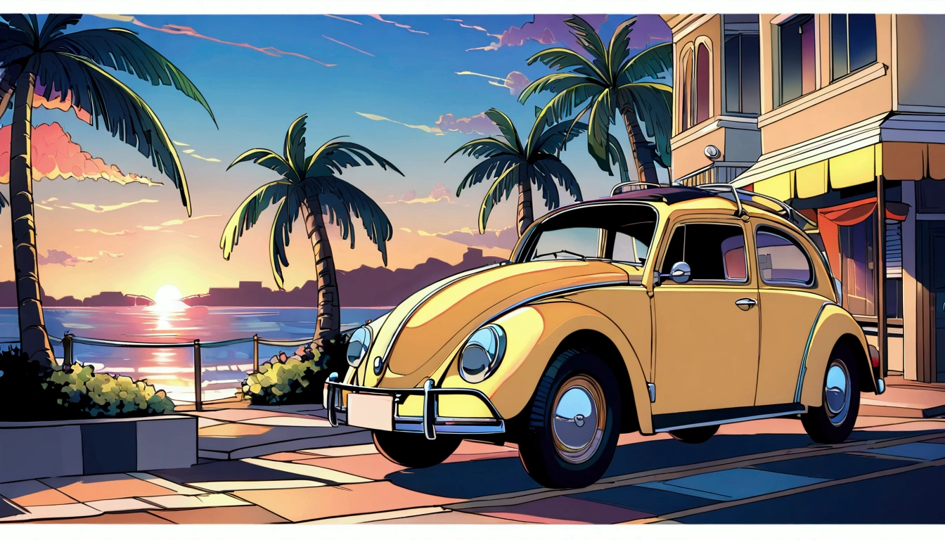 ((TShirt Design)), Volkswagen Type 1 beetle, Sunset background, Palm tree, Layers with 5 colors, Corner Street, Belek's Drums, Plethean,