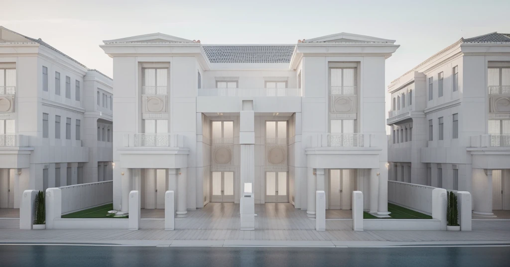 a rendering of a modern house with a grand main entrance, a 3D rendering inspired by Ricardo Bofill, winner of the cg company competition, Neoclassicism, neoclassical style, neoclassical style, modern neotraditional, neoclassical architecture, neoclassical, neoclassical, all white rendering, modern neotraditional minimalist, Neoclassicism style, exterior design