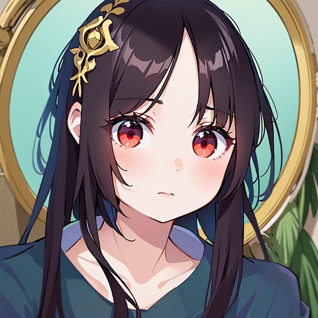 ((best quality)), ((masterpiece)), (detailed), A girl，has black hair，Red eyes。She is facing the mirror，With an expression of envy and loss
