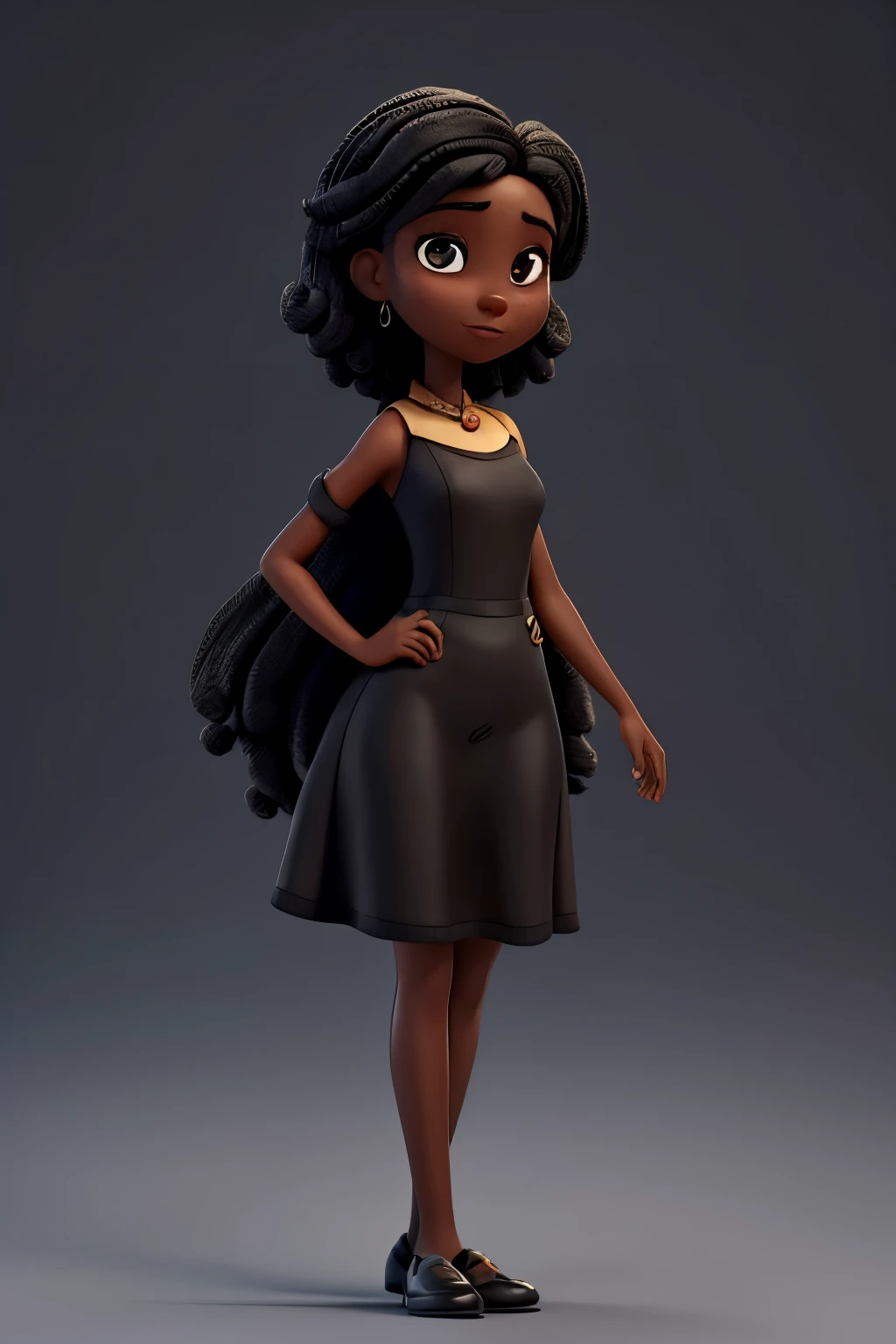 WOMAN 3D PIXAR STYLE SMOOTH BLACK HAIR DARK SKIN BLACK BACKGROUND