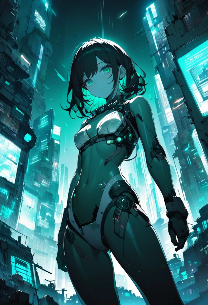 Emerald green eyes、Part of the clothing is see-through、Cinematic angles、optical fiber、Connected Cord、Illuminated parts See-through parts、Cyberpunk cityscape, young woman with long black hair wearing an emerald green powered exosuit, standing in a contemplative pose amidst the neon-lit ruins, textured digital art with muted tones and subtle ambient noise, detailed and intricate illustration, dystopian and gritty yet beautiful, a glimmer of hope in the decay,Fish Girl in Sci-fi translucent mechanical bikini ++,The bikini is see-through and sparkly