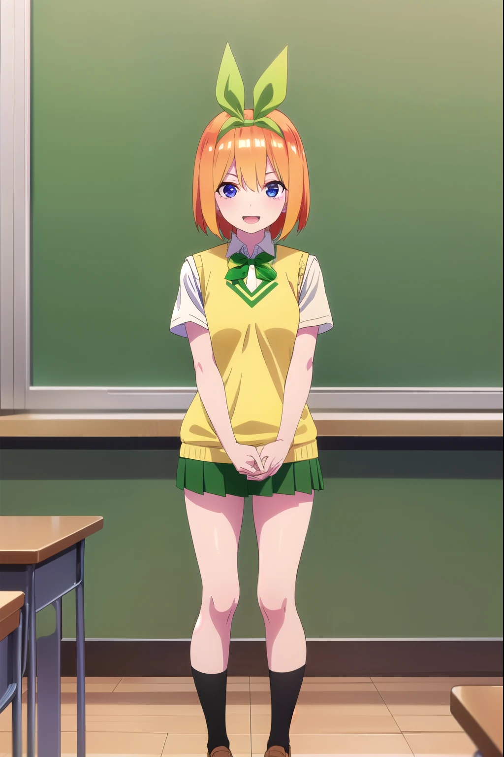 (masterpiece:1.2), (Highest quality), (High resolution), (unity 8k wallpaper), (figure:0.8), (Beautiful attention to detail:1.6), (Highly detailed face), (Perfect lighting), (Highly detailed CG), (Perfect hands, Perfect Anatomy),(Yotsubanakano), short hair, blue eyes, Hair between the eyes, hair ribbon, hair band, Orange Hair, (green ribbon:1.5), smile, skirt, shirt, ribbon, , white shirt, Short sleeve, Pleated skirt, collared shirt, mini skirt, bowtie, Black high socks, Green Skirt, black loafers, green bow, Sweater vest, green ribbon, (yellow Sweater vest:1.5), indoors, classroom, looking at viewer, standing, full body,