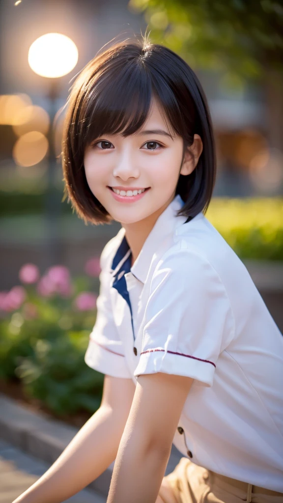 a girl with short black hair, wearing a white shirt and short pants, making a cute pose, cute, smiling, shy, highly detailed, realistic, photorealistic, 8k, masterpiece, elegant, beautiful, cinematic lighting, natural skin tones, hyper-detailed, intricate details, warm color palette