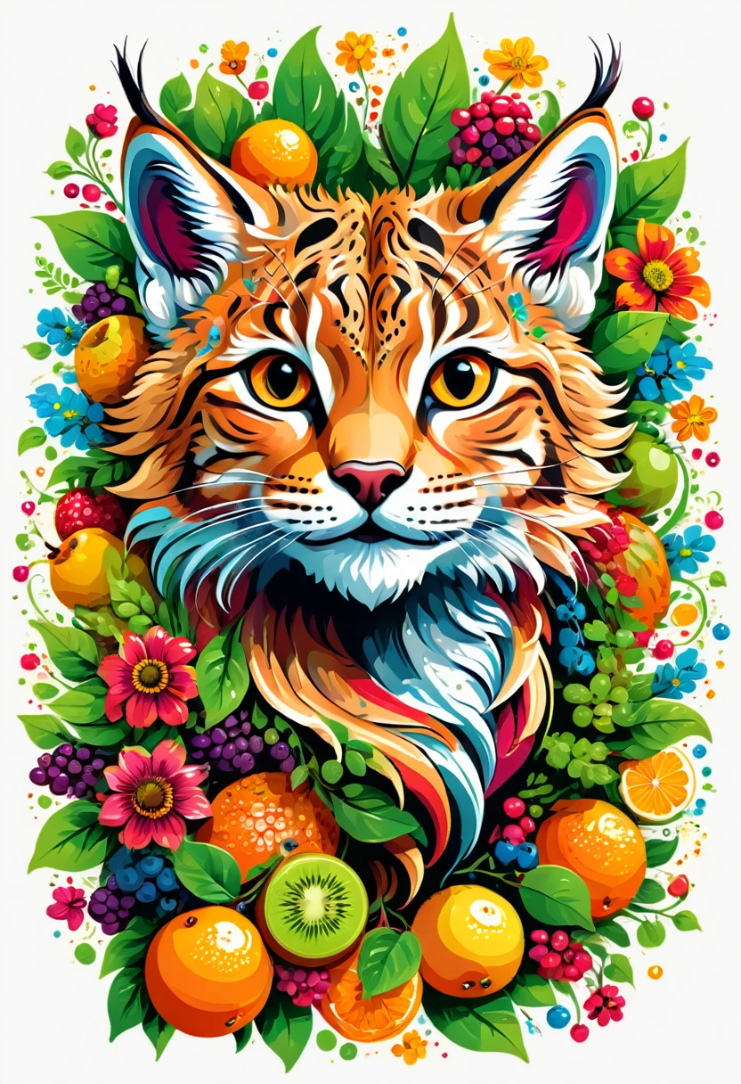 T-shirt designs, vectorial art, vectorised, colorful illustration of a little smiling lynx, At the center, swirly vibrant colors, flowers, fruits, high détail,white backdrop, T-shirt designs. 
(work of art, UHD quality, details in 16k, proffesional, perfect composition, very aesthetic, absurdrez, super verbose, details Intricate:1.3)