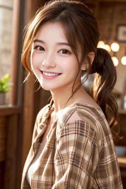 A young woman with shoulder-length, wavy brown hair tied in a loose ponytail、She is wearing a plaid shirt and a he is smiling brightly、Have a naturally glowing skin。The background is softly lit、Creating a warm and comfortable atmosphere。The overall mood is、It's bright and calm。Please use photo-realistic images。whole body。