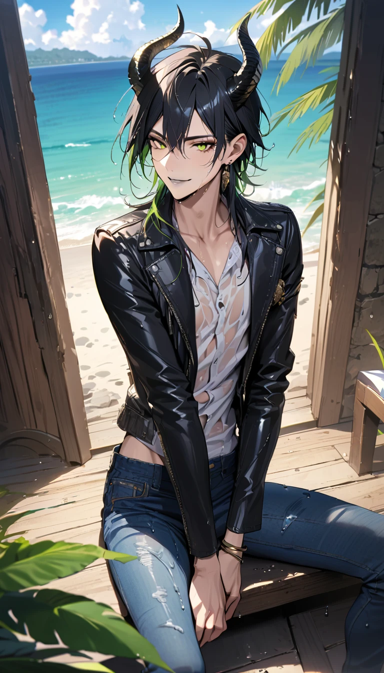 masterpiece, highres, absurdres, illustration, ((masterpiece:1.4, best quality)), (Ultra detailed background), 1boy, handsome man, highly detailed beautiful face and eyes, beautiful eyes, (sharp detail:1.3), shiny, earrings, bracelet, (wet clothes:1.3), Shirts, Bari, Cebu Island, plumeria, near the beach, dynamic angle, 1boy, sitting on floor, topless, black leather jacket, jeans, dynamic angle, malleus draconia (twisted wonderland) horns, bishounen, boy, male, yana Toboso style, long hair, black hair, yellow green eyes, smile, gray lips, handsome, skinny, tall, yellow green glow,