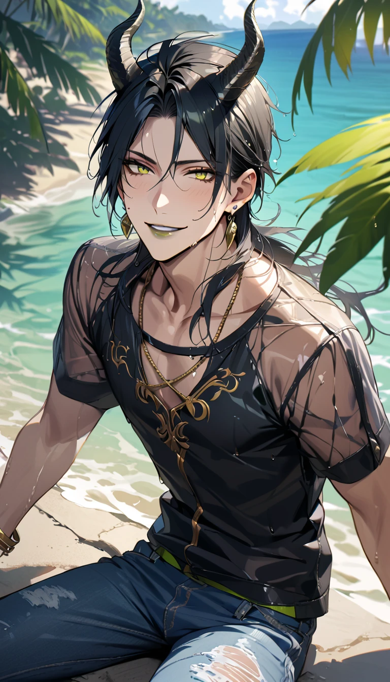 ((masterpiece:1.4, best quality)), (Ultra detailed background), 1boy, handsome man, highly detailed beautiful face and eyes, white hair, beautiful eyes, (sharp detail:1.3), shiny, earrings, bracelet, (wet clothes:1.3), Shirts, Bari, Cebu Island, plumeria, near the beach, stretch,lie on one's back, dynamic angle, malleus draconia (twisted wonderland) horns, bishounen, boy, male, yana Toboso style, long hair, black hair, yellow green eyes, smile, gray lips, handsome, skinny, tall, yellow green glow,