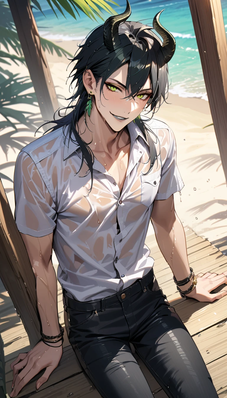 masterpiece, highres, absurdres, illustration, ((masterpiece:1.4, best quality)), (Ultra detailed background), 1boy, handsome man, highly detailed beautiful face and eyes, beautiful eyes, (sharp detail:1.3), shiny, earrings, bracelet, (wet clothes:1.3), Shirts, Bari, Cebu Island, plumeria, near the beach, dynamic angle, 1boy, sitting on floor, topless, black leather jacket, jeans, dynamic angle, malleus draconia (twisted wonderland) horns, bishounen, boy, male, yana Toboso style, long hair, black hair, yellow green eyes, smile, gray lips, handsome, skinny, tall, yellow green glow,