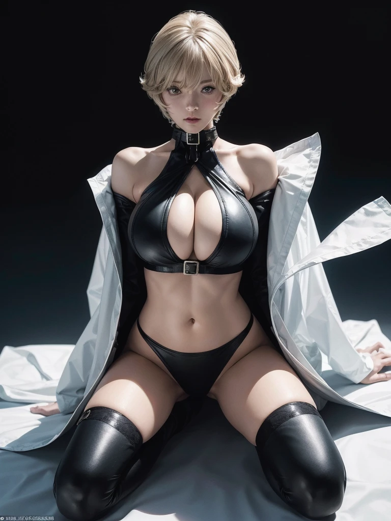 Very short hair, (masterpiece、Highest quality、Official Art), Neck up, View from the front, Looking at the audience:1.5, topless, Underless, White jacket:1.2, Black long boots, Black garter belt, (Black bondage suit:1.2), Black collar, Black choker, Glowing Skin, Realistic:1.9, Very detailed, Full Body Shot:1.2, Cleave, Belly button pussy, Expose the center of the body, High resolution, full color photos, High detail, Extremely realistic detail, Ultimate realistic texture, Ultimate in exquisite detail, Professional photos, Sexy portrait of a girl, Voluptuous bust, Tight waist, Cleavage, Trained abdominal muscles, Big Ass,Complete the whole body, Full body image, No underwear, Highest quality, ((background:facility:1.4)), Suzune, Suzune's clothes