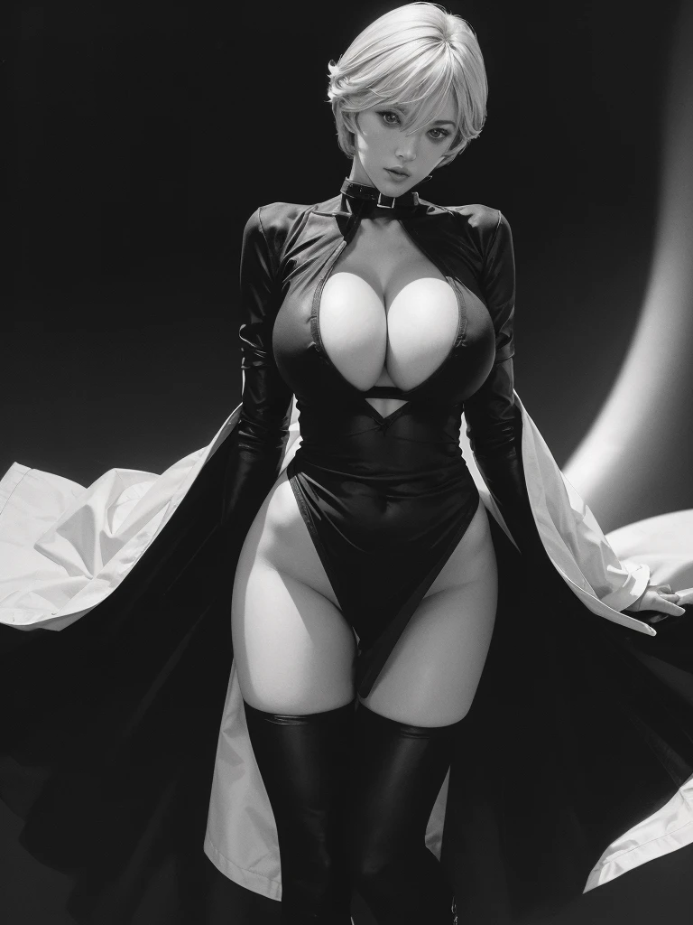 Very short hair, (masterpiece、Highest quality、Official Art), Neck up, View from the front, Looking at the audience:1.5, topless, Underless, White jacket:1.2, Black long boots, Black garter belt, (Black bondage suit:1.2), Black collar, Black choker, Glowing Skin, Realistic:1.9, Very detailed, Full Body Shot:1.2, Cleave, Belly button pussy, Expose the center of the body, High resolution, full color photos, High detail, Extremely realistic detail, Ultimate realistic texture, Ultimate in exquisite detail, Professional photos, Sexy portrait of a girl, Voluptuous bust, Tight waist, Cleavage, Trained abdominal muscles, Big Ass,Complete the whole body, Full body image, No underwear, Highest quality, ((background:facility:1.4)), Suzune, Suzune's clothes