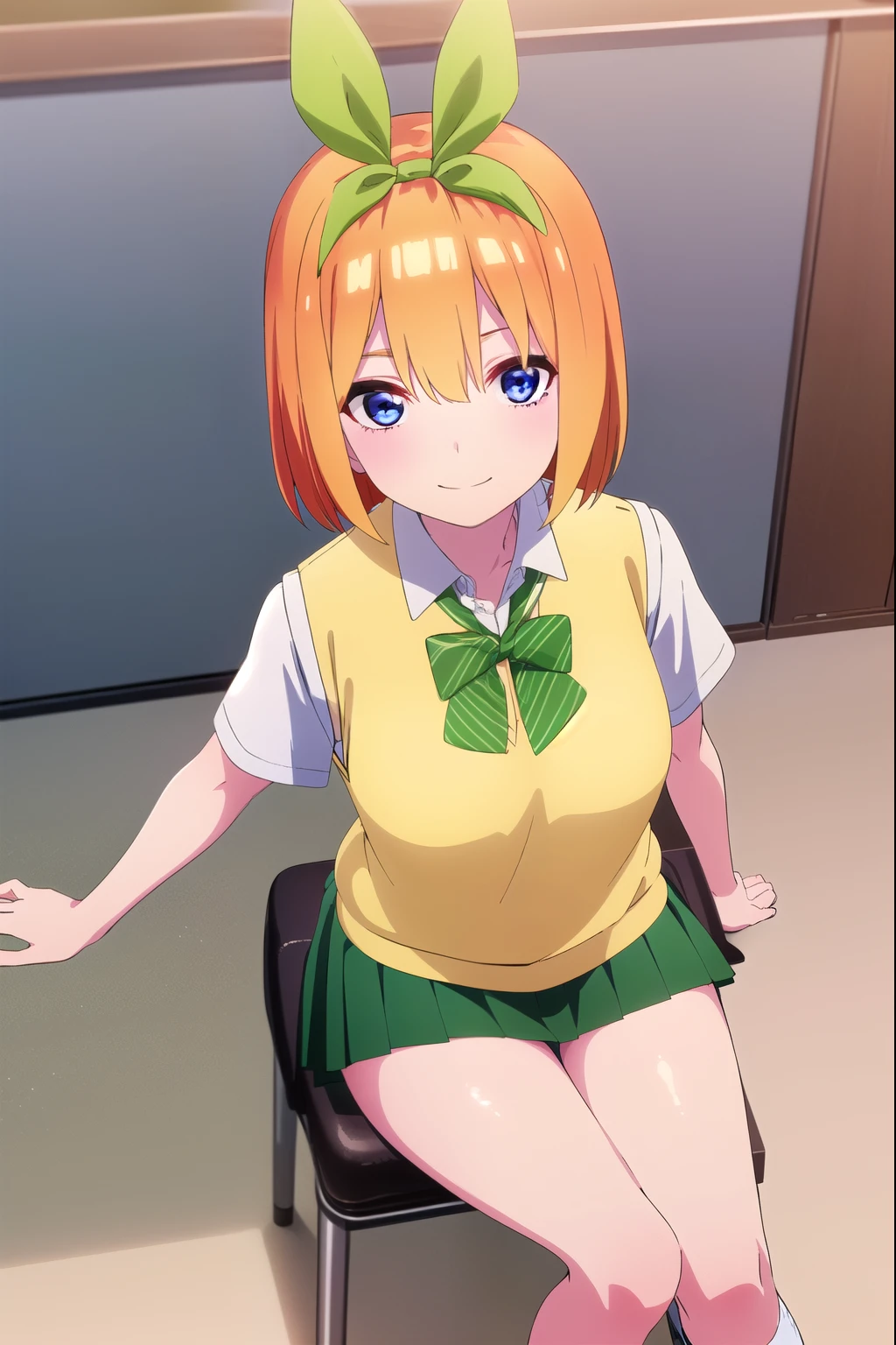 Yotsuba, short orange hair, blue eyes, green ribbon, big eyes, huge butt and , tight clotes, short skirt, looking down, low angle view, sitting on a chair, school 