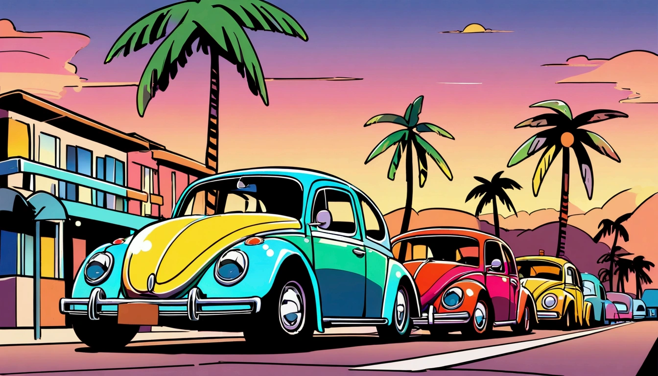 ((TShirt Design)), Volkswagen Type 1 beetle, Sunset background, Palm tree, Layers with 5 colors, Corner Street, Belek's Drums, Plethean,