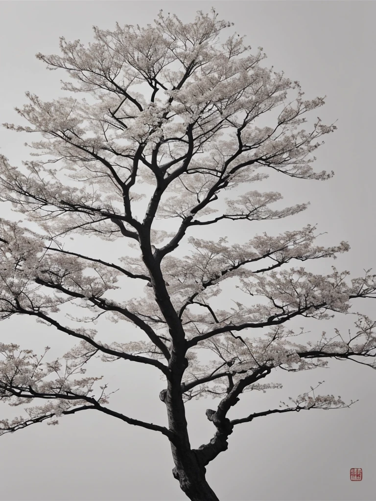 Penmanship,one cerry blossom big tree,monochrome,old painting,white background,a little far away