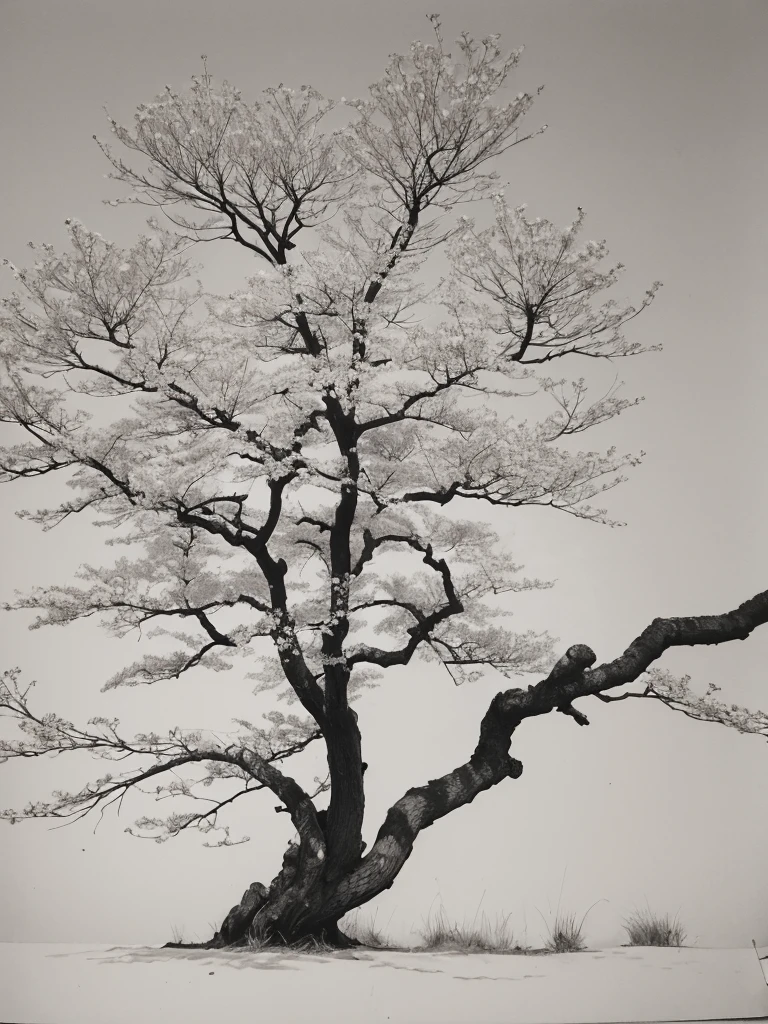 Penmanship,one cerry blossom big tree,monochrome,old painting,white background,far away