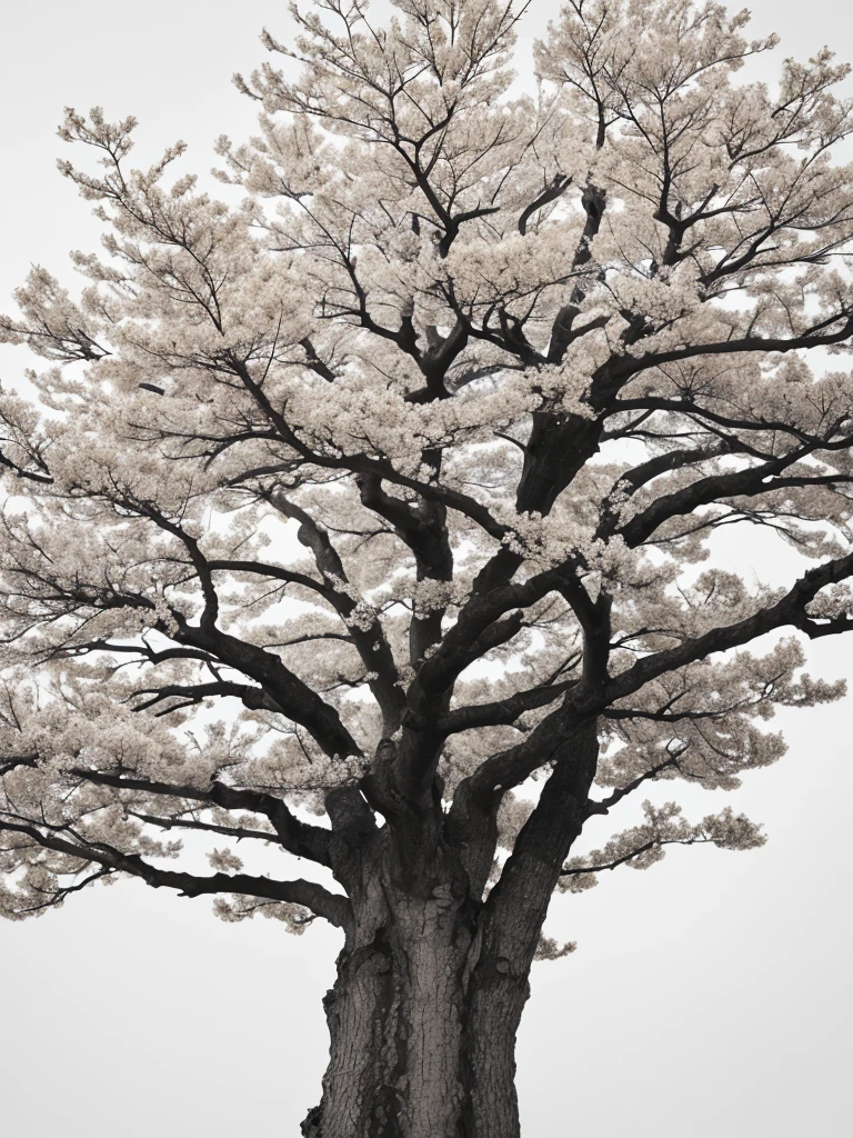 Penmanship,one cerry blossom big tree,monochrome,old painting,white background,a little far away