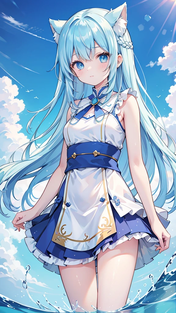 light blue hair, shiny hair, Surrealism, anime, 8k, super detail, UHD, masterpiece, accurate, anatomically correct, textured skin, super detail, high quality, award winning, best quality, highres
"A girl representing Mercury, with a water theme. She has an intellectual and calm demeanor, but possesses inner strength. She has blue eyes, long blue hair. Her appearance is ethereal, reflecting the tranquility and depth of water."