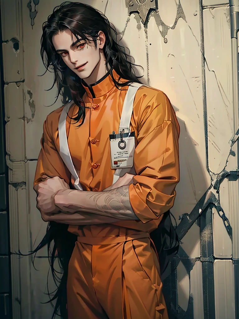 a man, Black long hair, dark red eyes, Slender and tall, prisoner, Perfect male body, Looking at the camera, (Orange prison uniform, Hold your arms tight, Smile, cell), portrait, Dramatic shadows, Prisoner, Chained