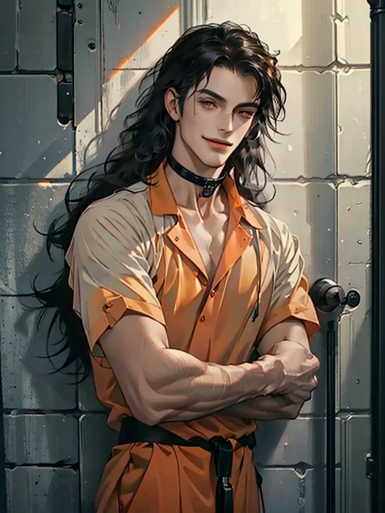 a man, Black long hair, dark red eyes, Slender and tall, prisoner, Perfect male body, Looking at the camera, (Orange prison uniform, Hold your arms tight, Smile, cell), portrait, Dramatic shadows, Prisoner, Chained