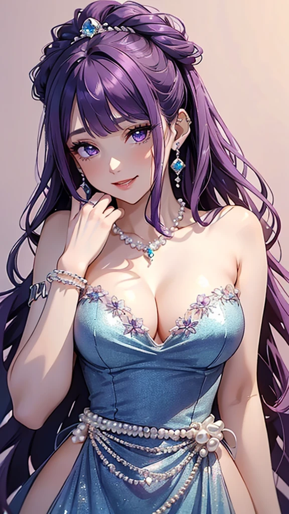 (((masterpiece, super high resolution, ultra HD, 8K quality))), (((woman in light blue evening dress / revealing dress))), (((purple hair, french updo))), (((beautiful sparkling purple eyes, pupils with highlights))), ((blunt bangs)), pink lips, sexy expression, ((highly detailed)), (perfectly detailed face), (detailed and carefully drawn hands), (((very large breasts, cute smile))), photorealistic image, silver earrings, pearl necklace, jade bangle, diamond ring
