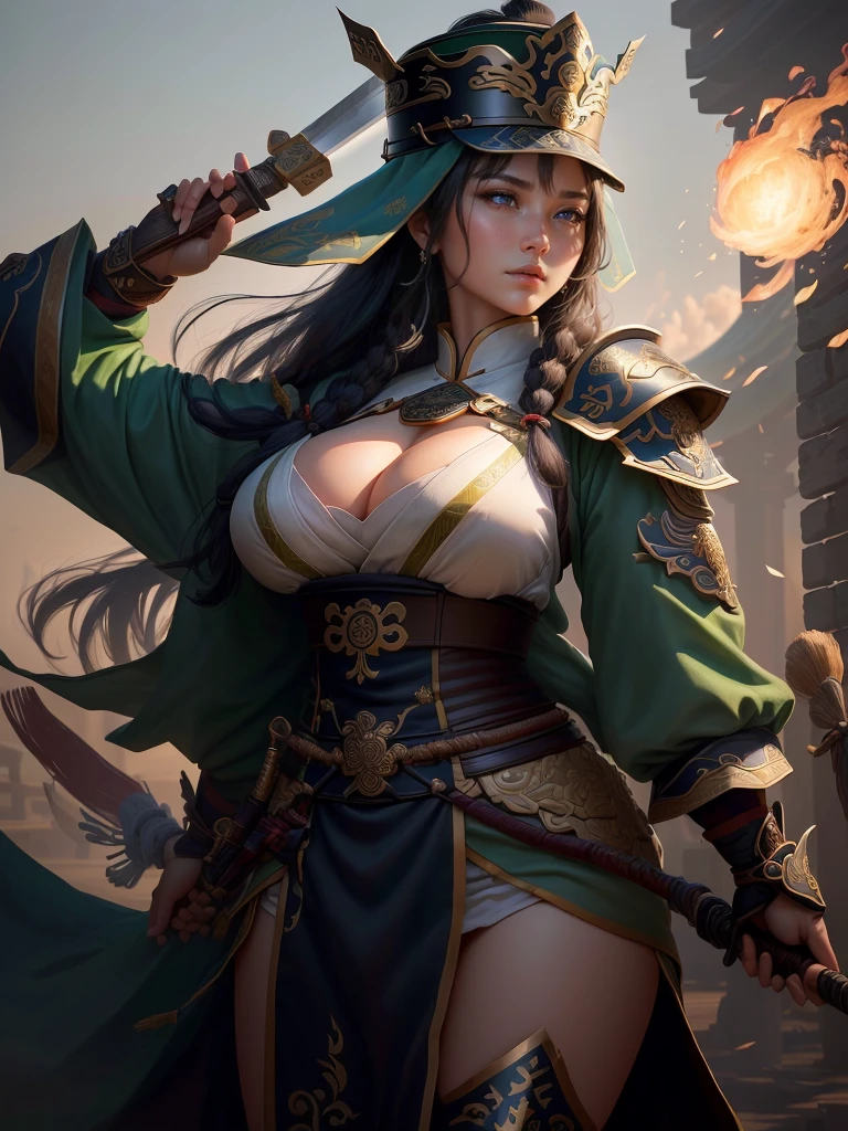 a woman with a bow and a bow in his hand, guan yu, bian lian, naranbaatar ganbold, inspired by Cao Zhibai, inspired by Hu Zaobin, inspired by Fan Kuan, inspired by Li Kan, mongol, inspired by Huang Shen, by Qu Leilei, inspired by Jang Seung-eop, a close up of a girl with a sword and a hat, guan yu, inspired by Hu Zaobin, naranbaatar ganbold, masamune shiro, bian lian, mongol, masamune, feng shu, inspired by Cao Zhibai, inspired by Huang Ding, genghis khan, inspired by Huang Shen, zhao yun, Highly detailed CG unit 8k wallpaper, masterpiece, High resolution, highest quality, highest quality real texture skin, Super Real, Digital Painting, Best image quality, 最High resolution, 8k, ((Highly detailed eyes and face, Beautiful eyes every detail)), 1girl, Full Body Shot, 1girl, Saggy breasts, Gravity-dependent breasts, long chest, Heavy chest, disproportionate breasts, huge breasts, sagging breasts, gigantic breasts, erect nipple, Cleavage cut out, 